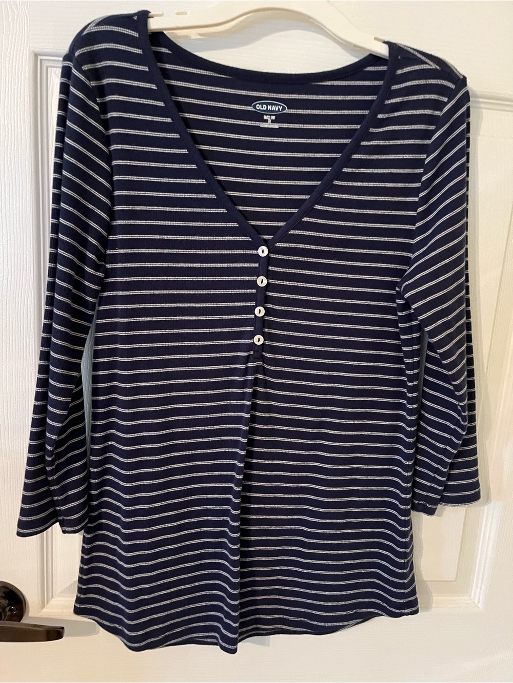 Old Navy Navy and White Striped Long-Sleeve V-Neck Henley